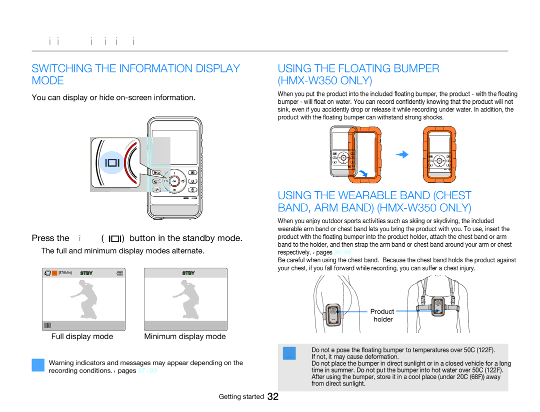 Samsung HMX-W350RP/EDC, HMX-W300RP/EDC Switching the Information Display Mode, Using the Floating Bumper HMX-W350 only 