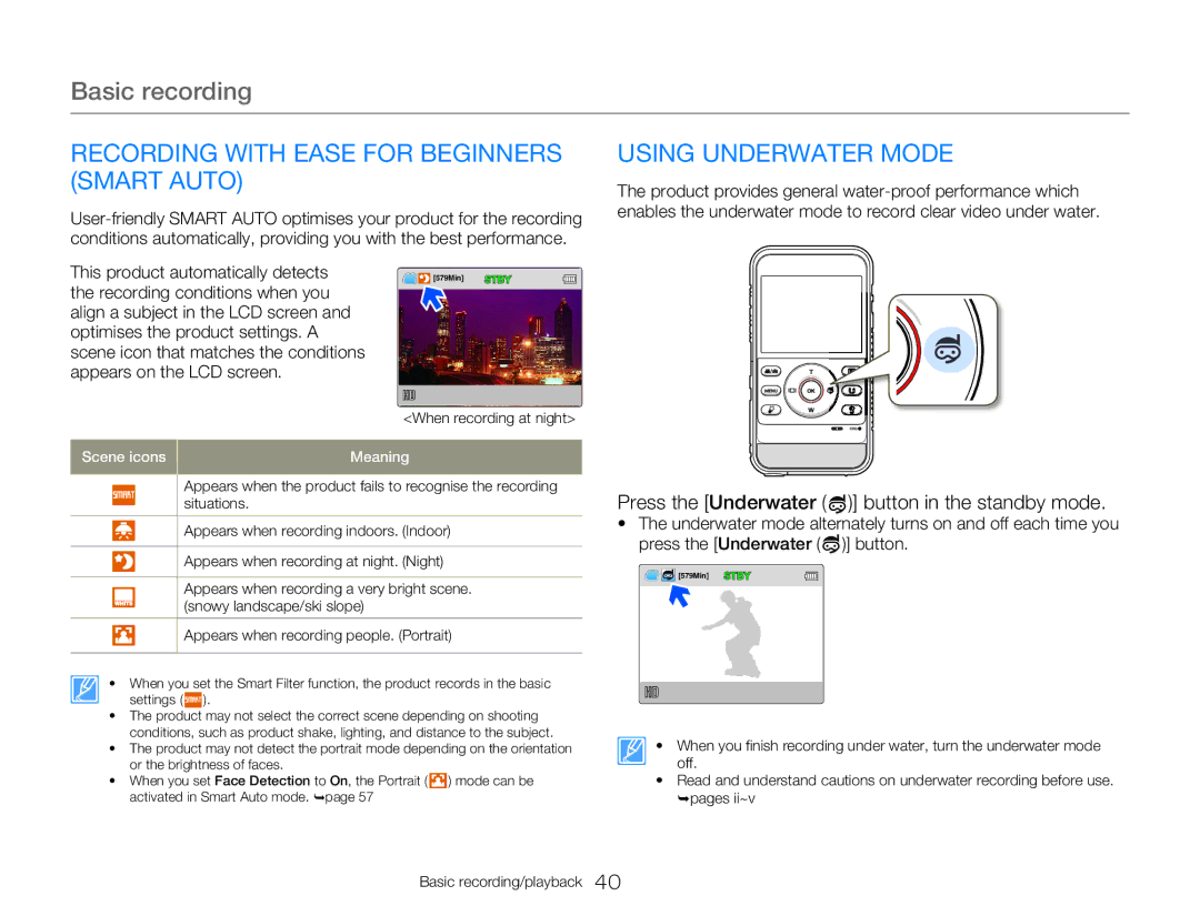 Samsung HMX-W300BP/XER manual Recording with Ease for Beginners Smart Auto, Using Underwater Mode, Scene icons Meaning 