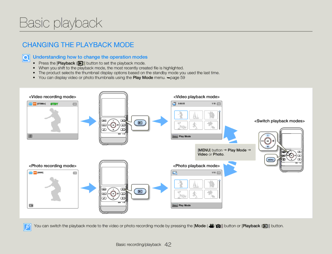 Samsung HMX-W300RP/XER manual Basic playback, Changing the Playback Mode, Understanding how to change the operation modes 