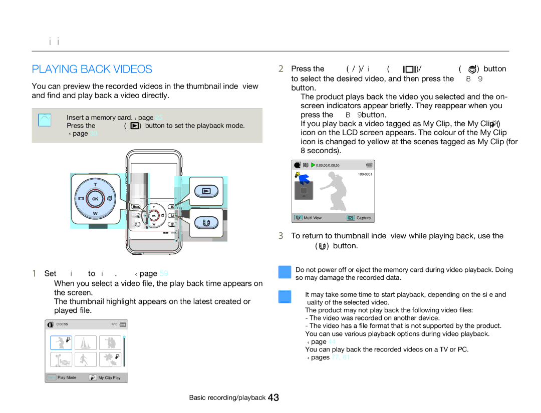 Samsung HMX-W350BP/XER, HMX-W350RP/EDC, HMX-W300RP/EDC, HMX-W350BP/EDC, HMX-W350YP/EDC Basic playback, Playing Back Videos 