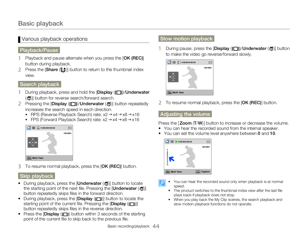 Samsung HMX-W350RP/EDC manual Playback/Pause, Search playback, Skip playback, Slow motion playback, Adjusting the volume 