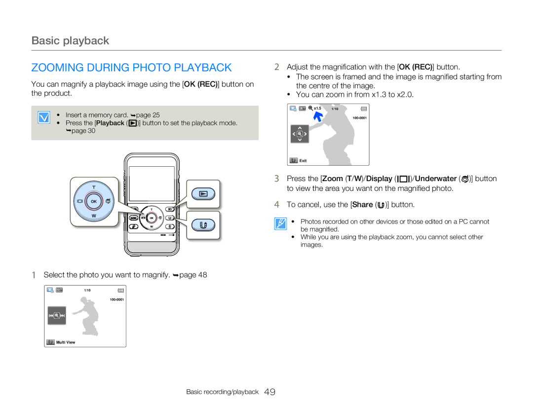 Samsung HMX-W300YP/EDC, HMX-W350RP/EDC, HMX-W300RP/EDC, HMX-W350BP/EDC, HMX-W350YP/EDC manual Zooming During Photo Playback 