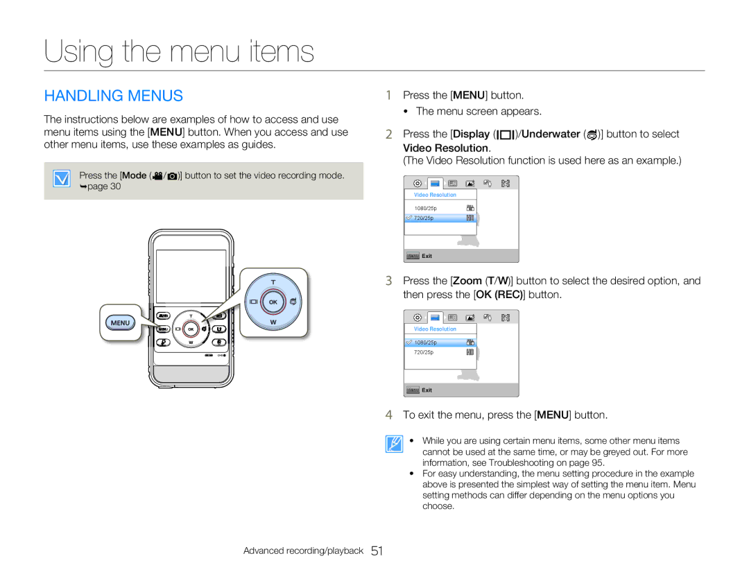 Samsung HMX-W350YP/XER, HMX-W350RP/EDC manual Using the menu items, Handling Menus, To exit the menu, press the Menu button 