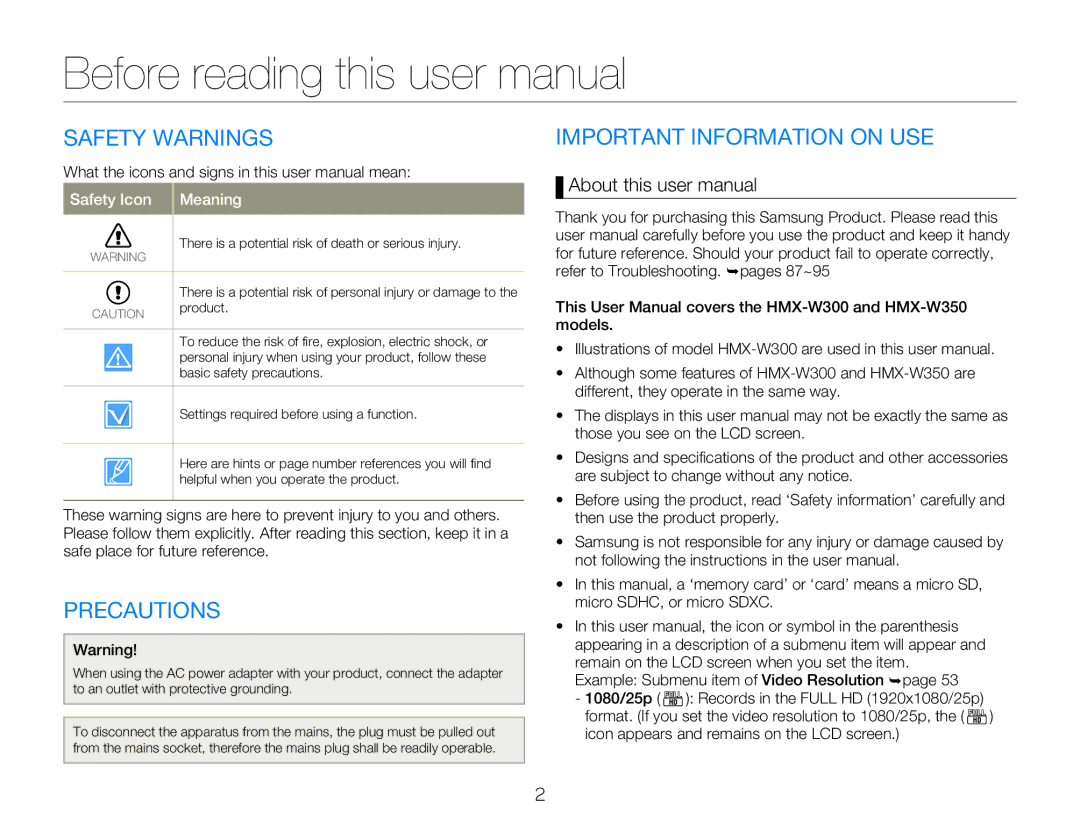 Samsung HMX-W350RP/XER, HMX-W350RP/EDC, HMX-W300RP/EDC manual Safety Warnings, Precautions, Important Information on USE 