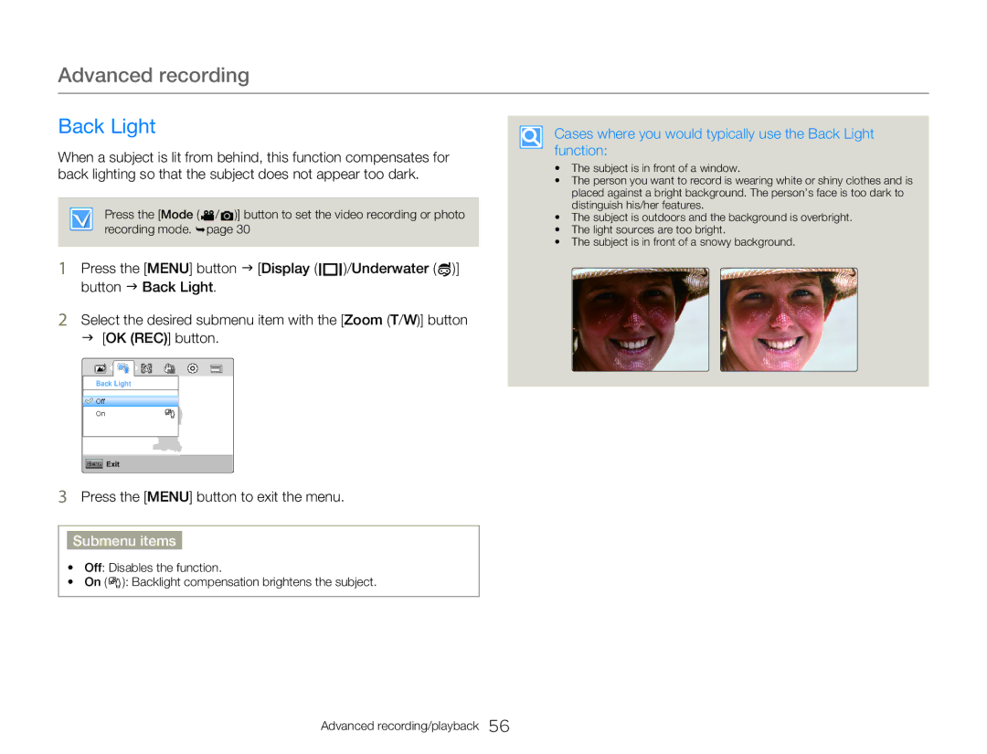Samsung HMX-W350RP/EDC, HMX-W300RP/EDC, HMX-W350BP/EDC manual Cases where you would typically use the Back Light function 