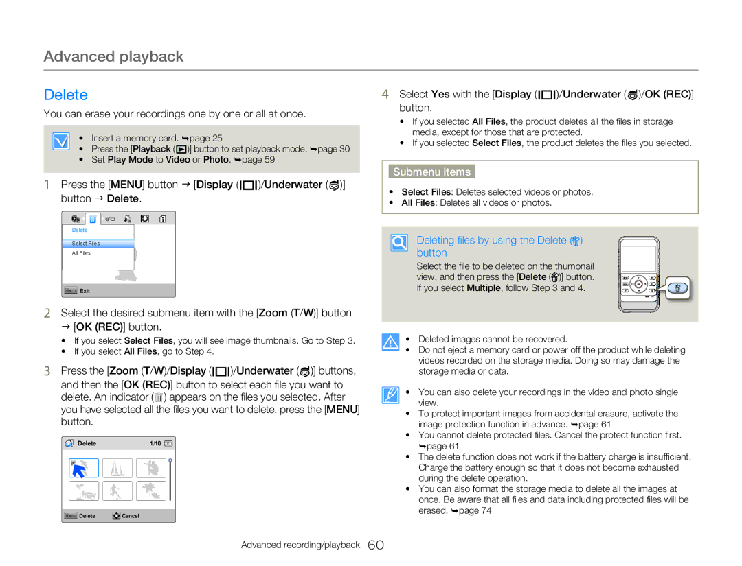 Samsung HMX-W300BP/EDC, HMX-W350RP/EDC, HMX-W300RP/EDC Advanced playback, Deleting files by using the Delete button 