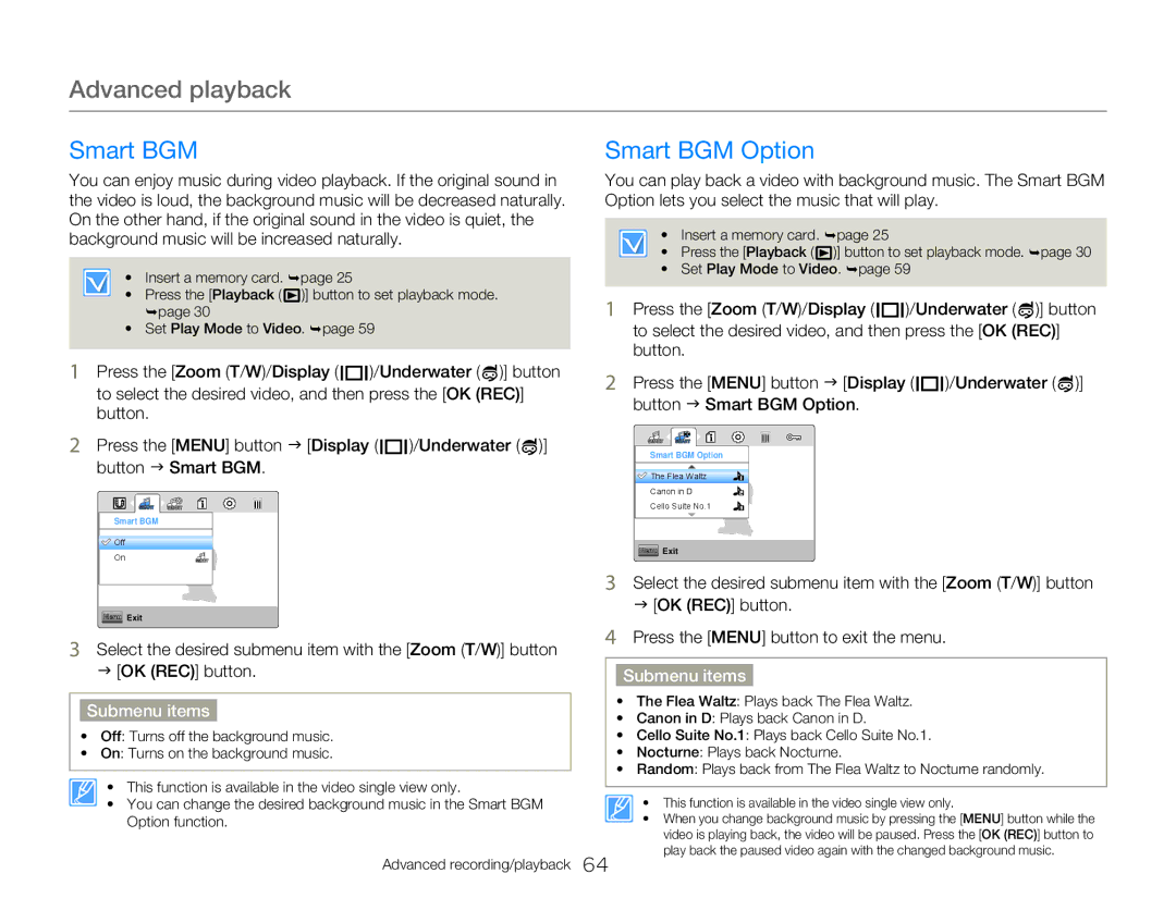 Samsung HMX-W300BP/XER, HMX-W350RP/EDC, HMX-W300RP/EDC, HMX-W350BP/EDC, HMX-W350YP/EDC, HMX-W300BP/EDC Smart BGM Option 