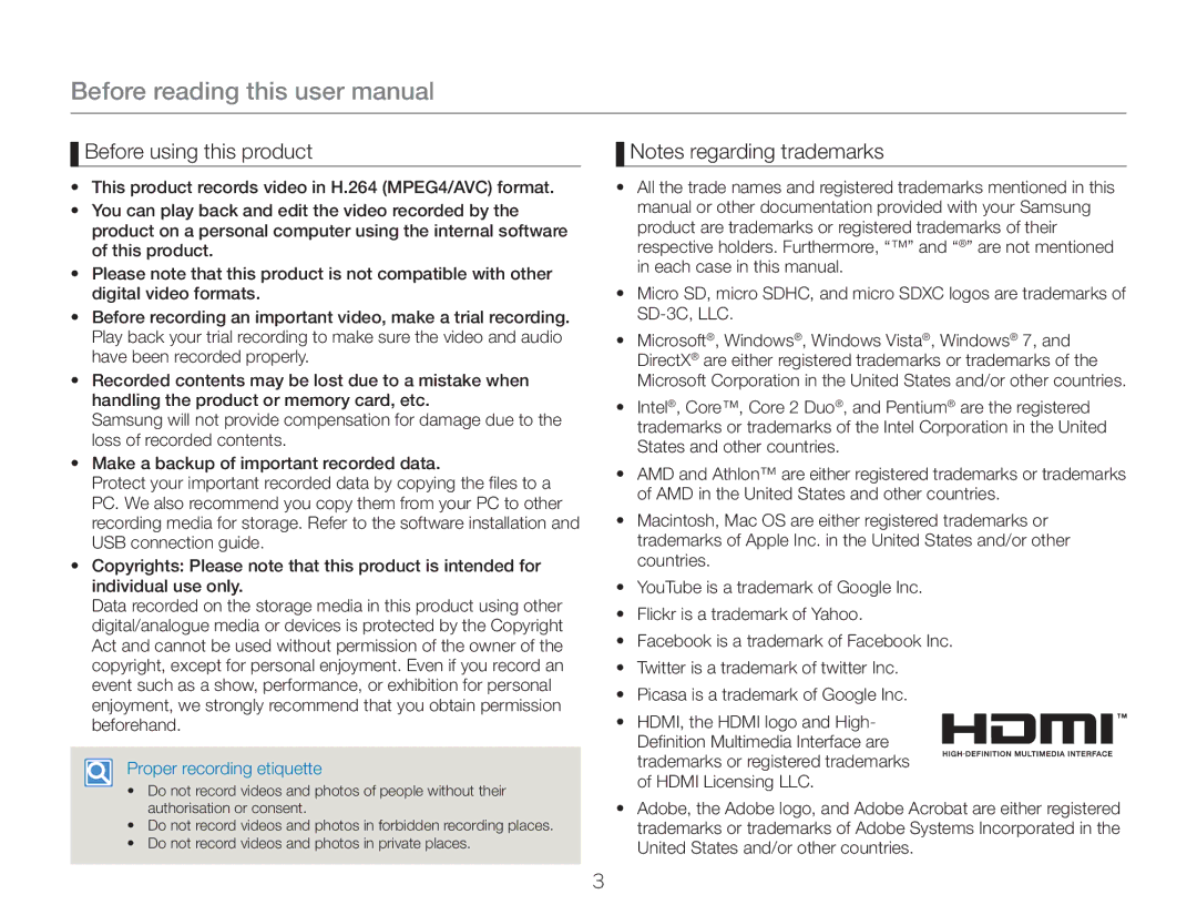 Samsung HMX-W350YP/XER, HMX-W350RP/EDC, HMX-W300RP/EDC, HMX-W350BP/EDC Before using this product, Proper recording etiquette 