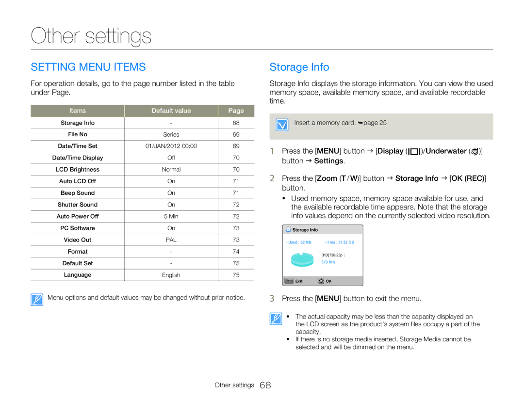 Samsung HMX-W350RP/EDC, HMX-W300RP/EDC, HMX-W350BP/EDC, HMX-W350YP/EDC Setting Menu Items, Storage Info, Items Default value 