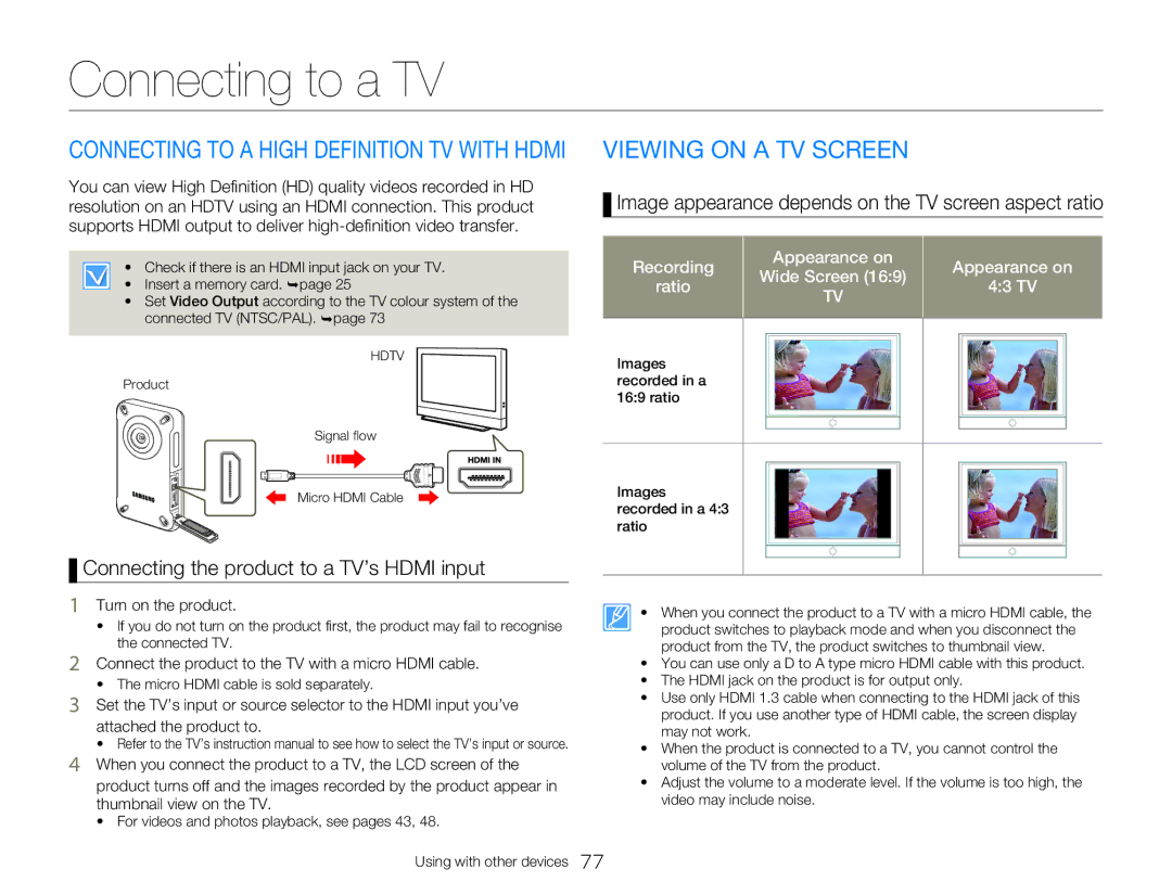 Samsung HMX-W300YP/XER Connecting to a TV, Viewing on a TV Screen, Image appearance depends on the TV screen aspect ratio 