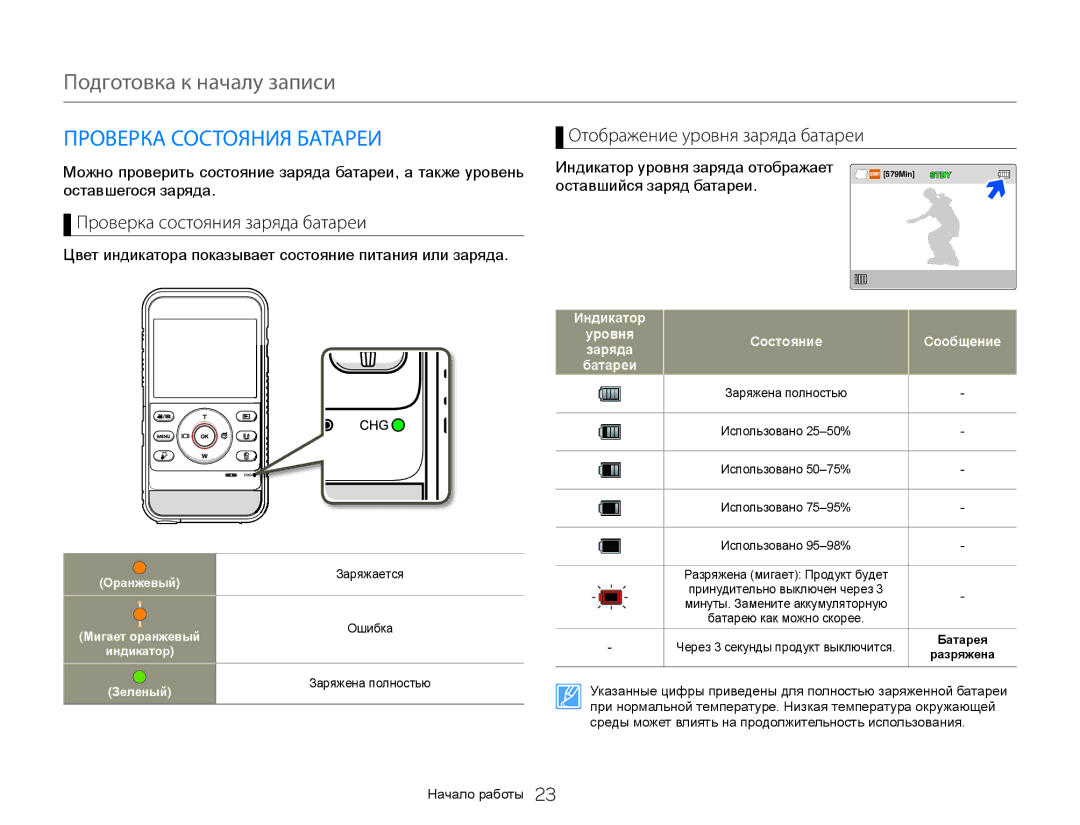 Samsung HMX-W300YP/XER manual Подготовка к началу записи, Проверка Состояния Батареи, Проверка состояния заряда батареи 