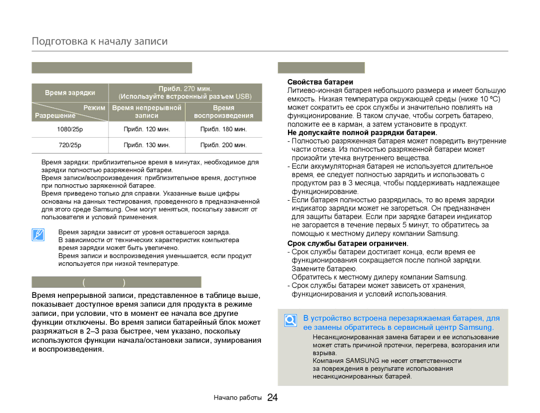 Samsung HMX-W300RP/XER, HMX-W350RP/XER manual Доступное время работы для батареи, Непрерывная запись без зумирования 