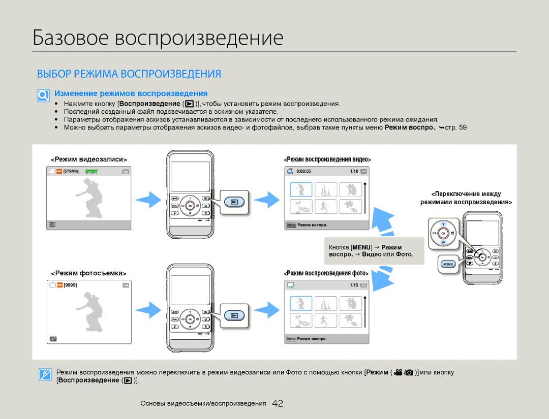 Samsung HMX-W300RP/XER Базовое воспроизведение, Выбор Режима Воспроизведения, Переключение между Режимами воспроизведения 