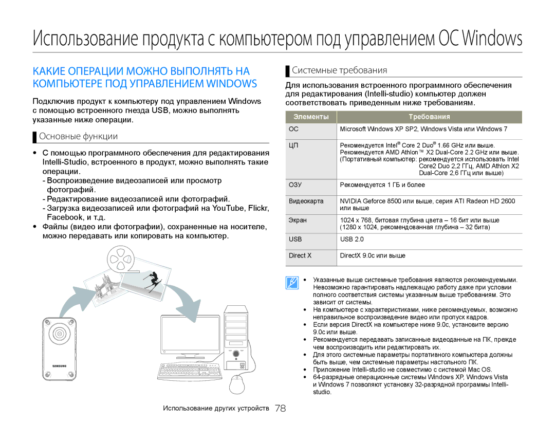 Samsung HMX-W300RP/XER, HMX-W350RP/XER, HMX-W350YP/XER manual Основные функции, Системные требования, Элементы Требования 