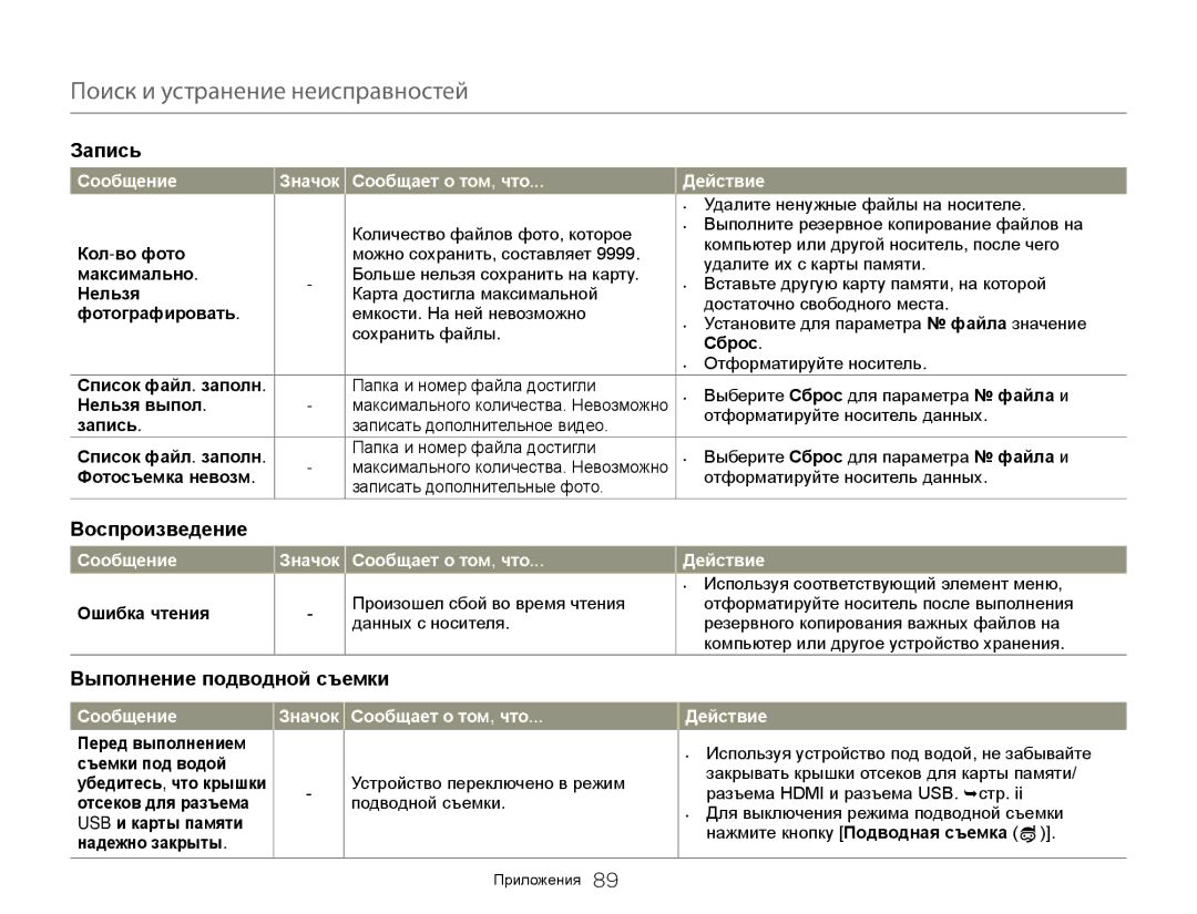 Samsung HMX-W300YP/XER, HMX-W350RP/XER, HMX-W350YP/XER, HMX-W300BP/XER manual Воспроизведение, Выполнение подводной съемки 