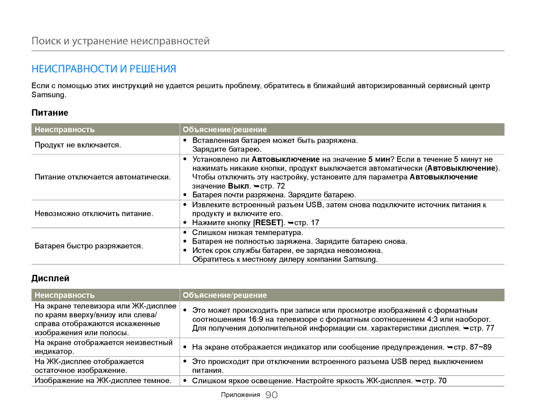 Samsung HMX-W300RP/XER, HMX-W350RP/XER, HMX-W350YP/XER, HMX-W300BP/XER manual Неисправности И Решения, Питание, Дисплей 