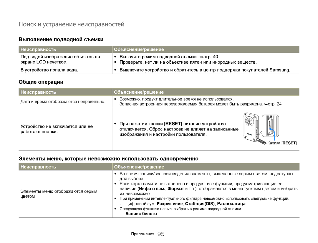 Samsung HMX-W300YP/XER manual Общие операции, Элементы меню, которые невозможно использовать одновременно, Баланс белого 