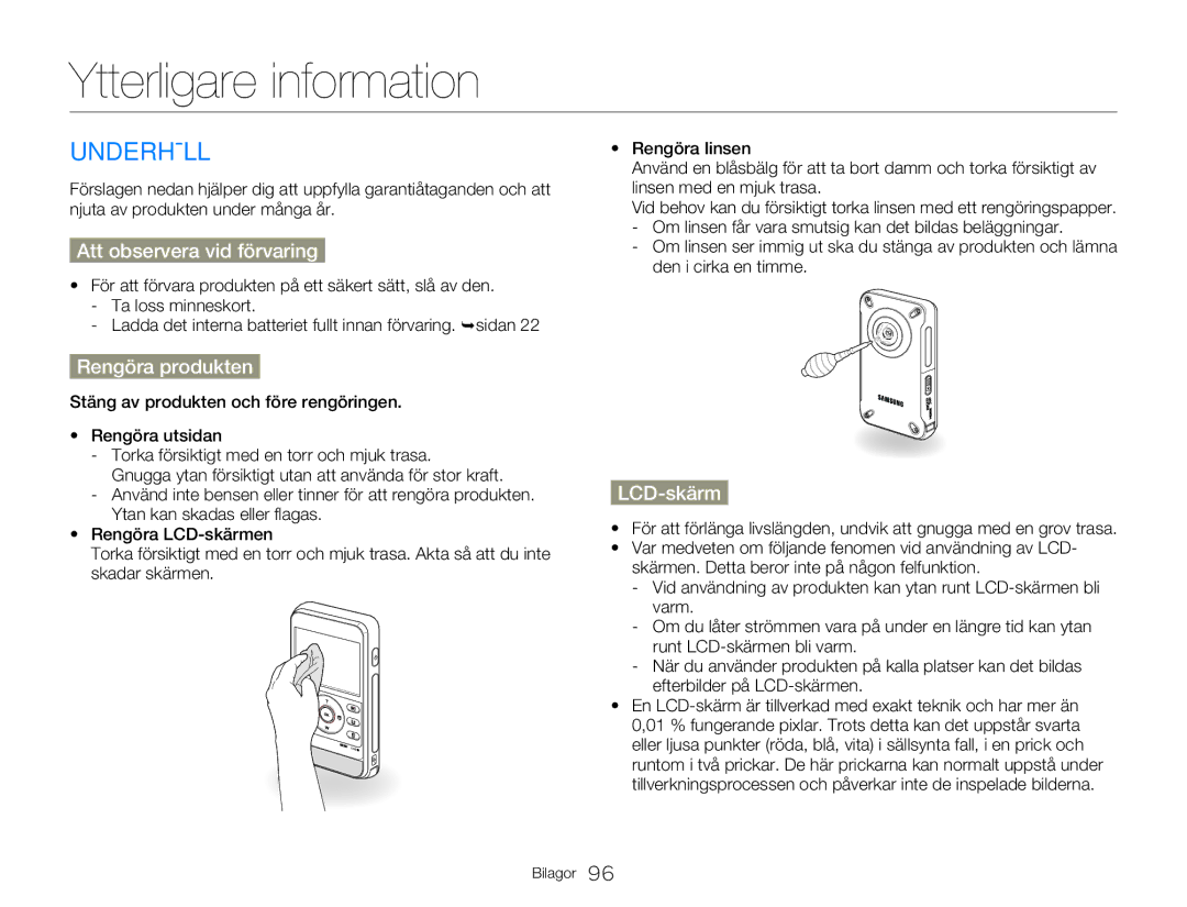 Samsung HMX-W350YP/EDC manual Ytterligare information, Underhåll, Att observera vid förvaring, Rengöra produkten, LCD-skärm 