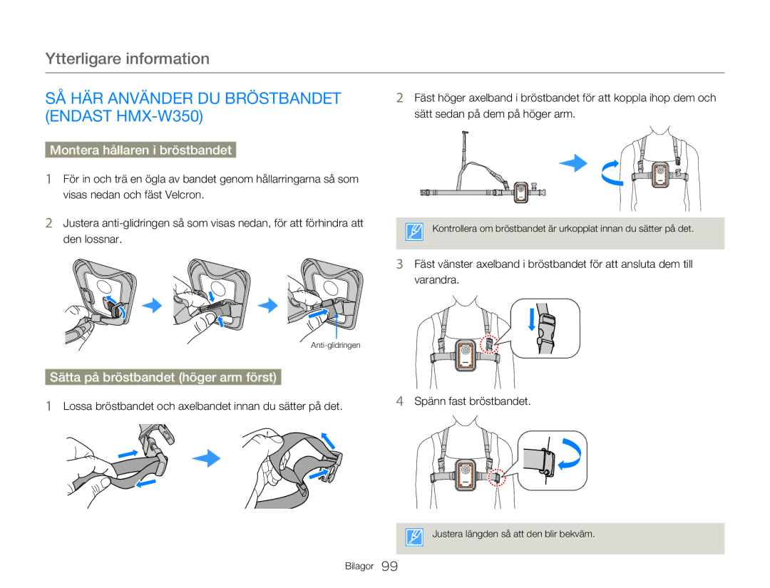 Samsung HMX-W300YP/EDC, HMX-W350YP/EDC manual SÅ HÄR Använder DU Bröstbandet Endast HMX-W350, Montera hållaren i bröstbandet 