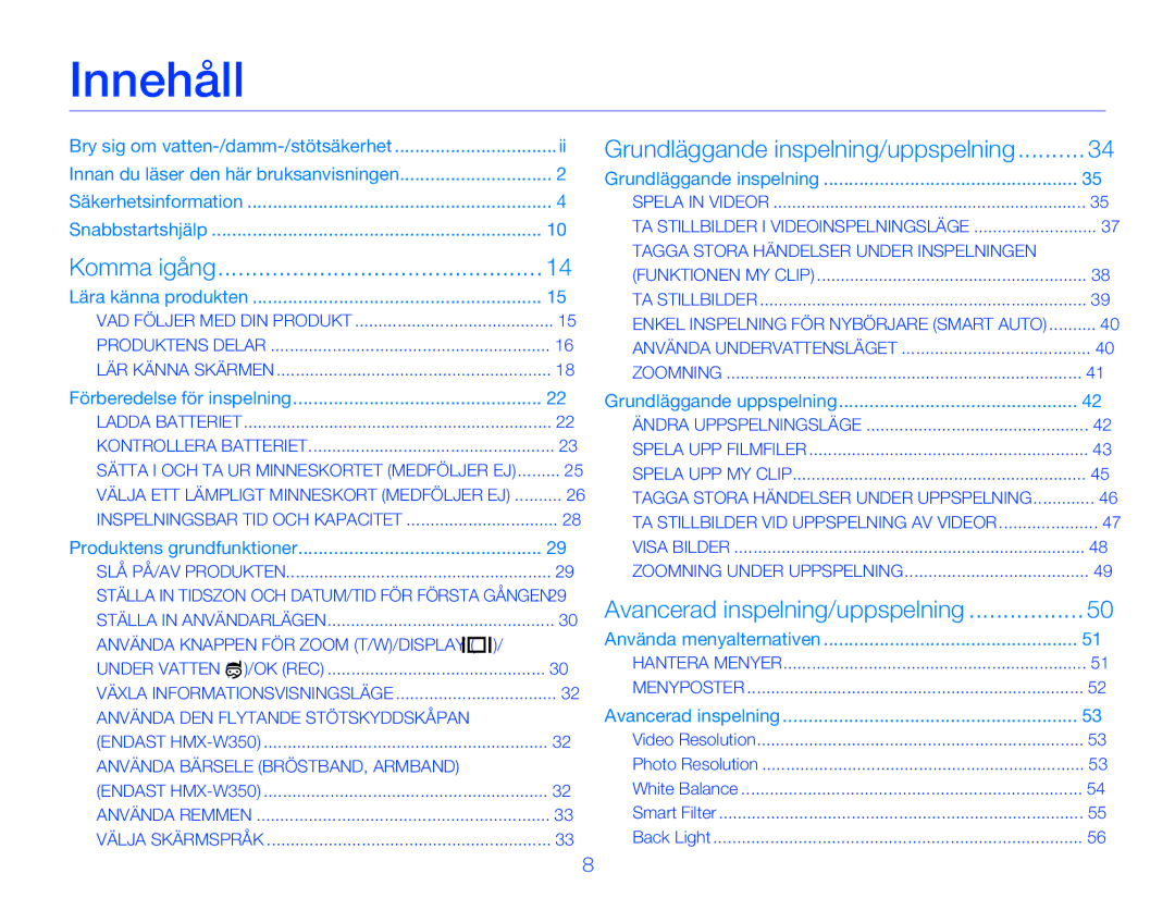 Samsung HMX-W350YP/EDC, HMX-W300YP/EDC manual Innehåll, Innan du läser den här bruksanvisningen 