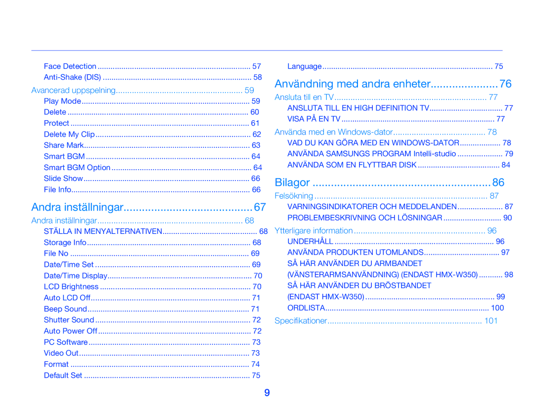 Samsung HMX-W300YP/EDC, HMX-W350YP/EDC manual Innehåll, Använda med en Windows-dator, 100, 101 