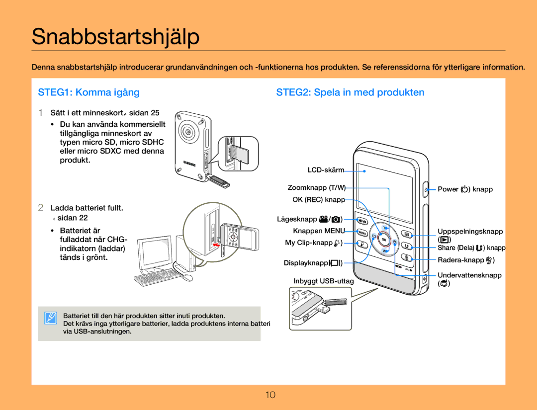 Samsung HMX-W350YP/EDC, HMX-W300YP/EDC manual Snabbstartshjälp, STEG1 Komma igång 