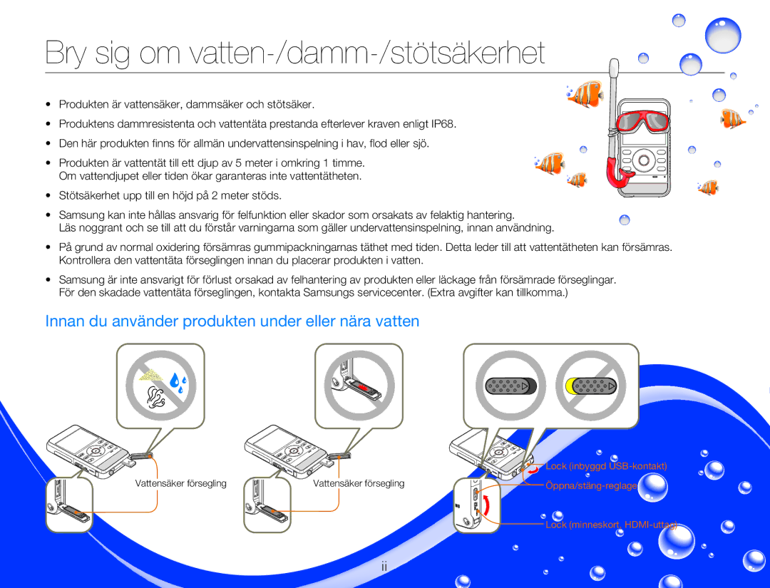 Samsung HMX-W350YP/EDC manual Bry sig om vatten-/damm-/stötsäkerhet, Innan du använder produkten under eller nära vatten 