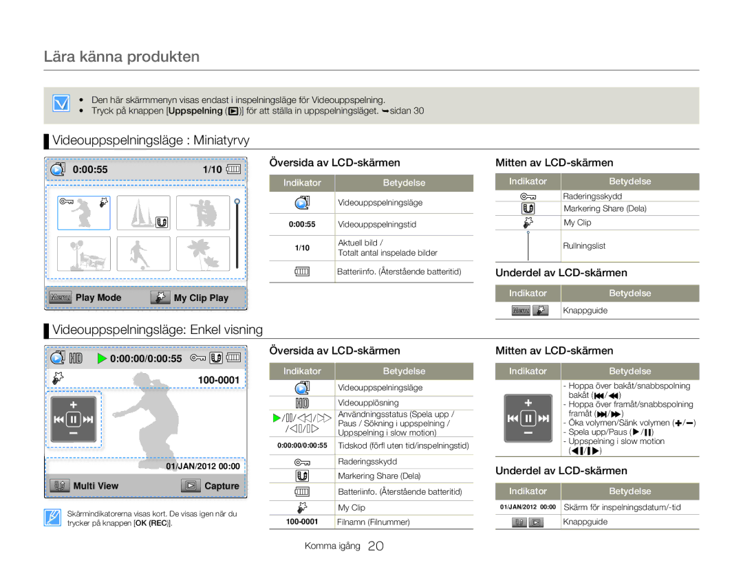 Samsung HMX-W350YP/EDC, HMX-W300YP/EDC manual Videouppspelningsläge Miniatyrvy, Videouppspelningsläge Enkel visning 