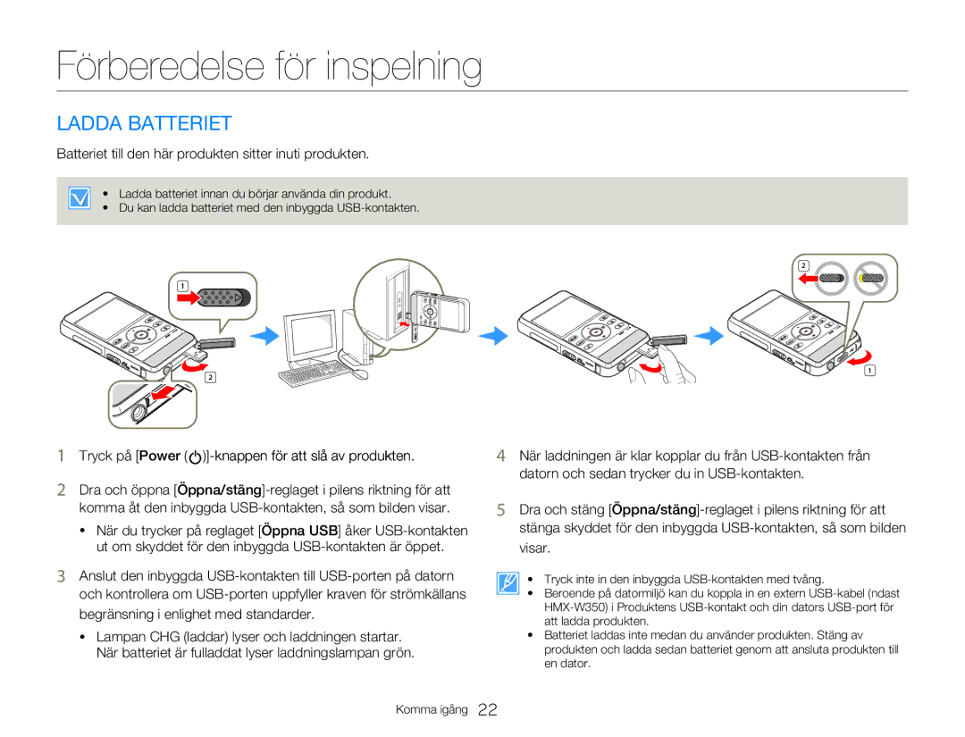 Samsung HMX-W350YP/EDC Förberedelse för inspelning, Ladda Batteriet, Tryck på Power -knappen för att slå av produkten 