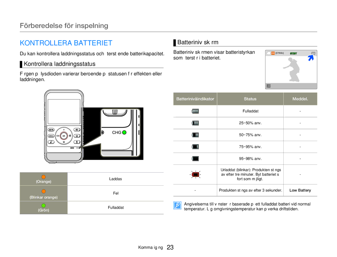 Samsung HMX-W300YP/EDC Förberedelse för inspelning, Kontrollera Batteriet, Kontrollera laddningsstatus, Batterinivåskärm 