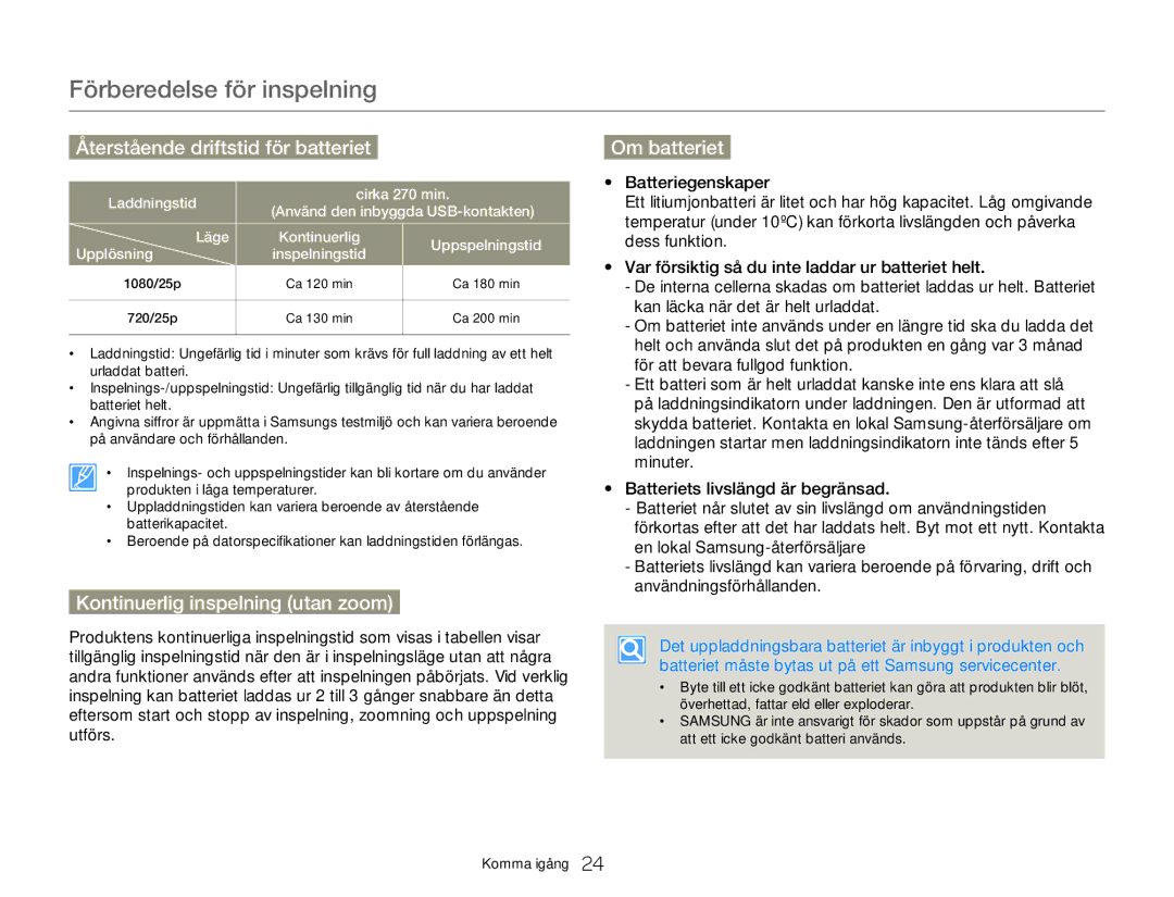 Samsung HMX-W350YP/EDC manual Återstående driftstid för batteriet, Kontinuerlig inspelning utan zoom, Om batteriet 