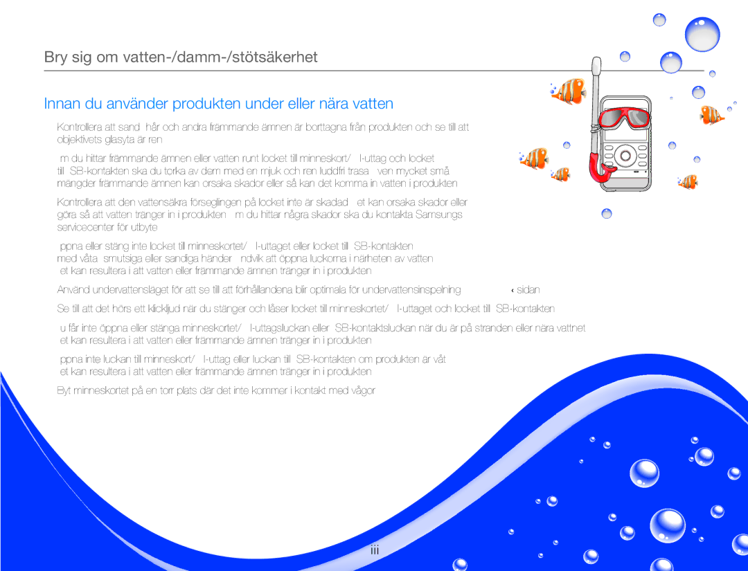 Samsung HMX-W300YP/EDC, HMX-W350YP/EDC manual Bry sig om vatten-/damm-/stötsäkerhet 