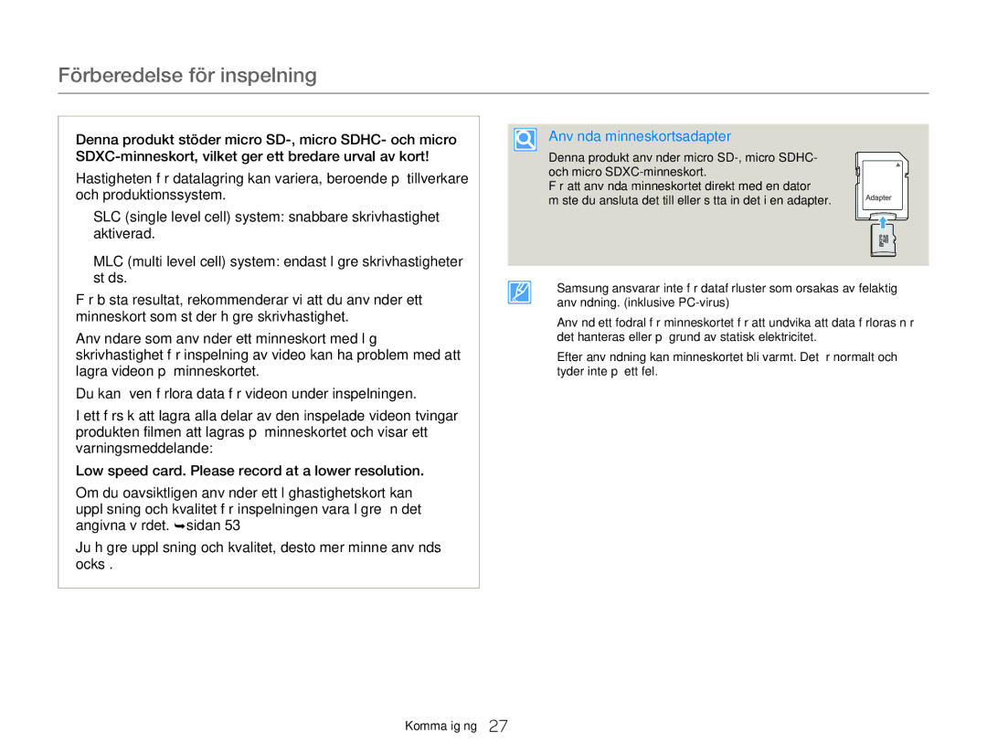 Samsung HMX-W300YP/EDC, HMX-W350YP/EDC manual Använda minneskortsadapter 