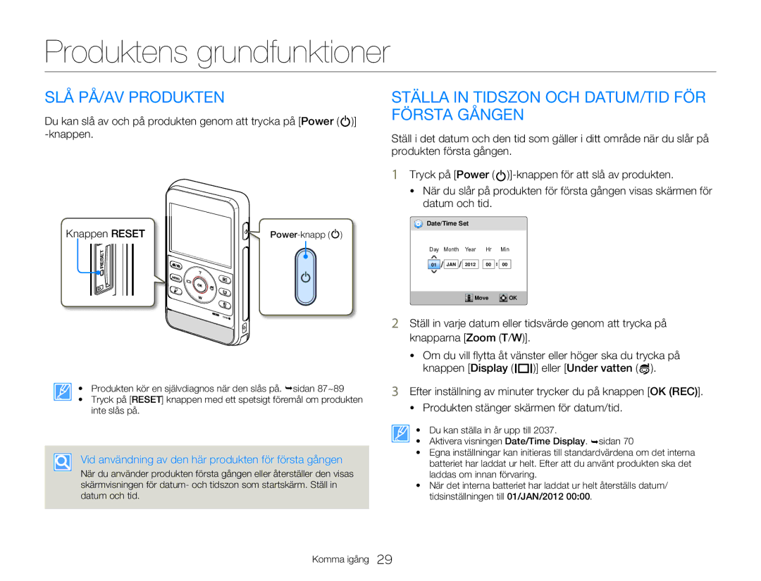 Samsung HMX-W300YP/EDC Produktens grundfunktioner, SLÅ PÅ/AV Produkten, Ställa in Tidszon OCH DATUM/TID FÖR Första Gången 