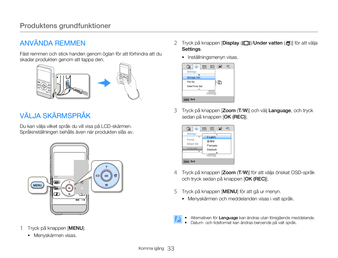 Samsung HMX-W300YP/EDC manual Använda Remmen, Välja Skärmspråk, Tryck på knappen Display /Under vatten för att välja 