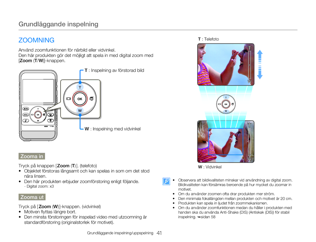 Samsung HMX-W300YP/EDC, HMX-W350YP/EDC manual Zoomning, Zooma ut 