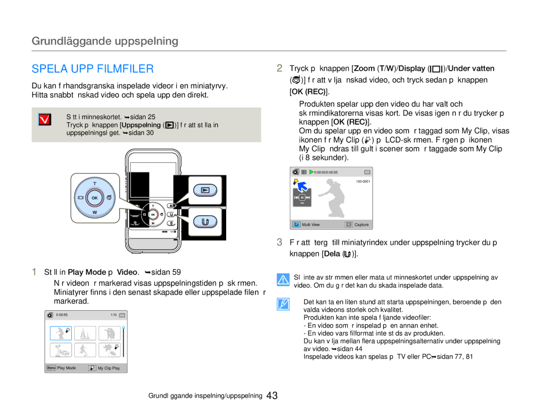 Samsung HMX-W300YP/EDC, HMX-W350YP/EDC manual Grundläggande uppspelning, Spela UPP Filmfiler 