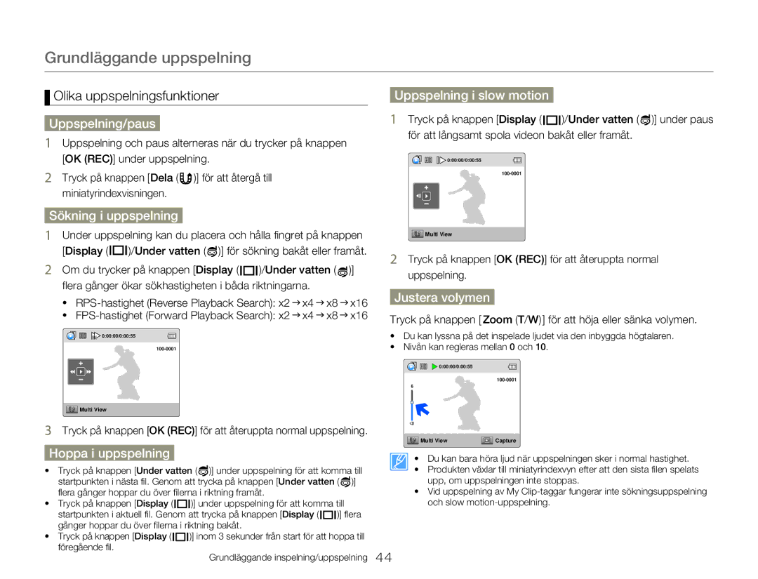 Samsung HMX-W350YP/EDC manual Uppspelning/paus, Sökning i uppspelning, Hoppa i uppspelning, Uppspelning i slow motion 