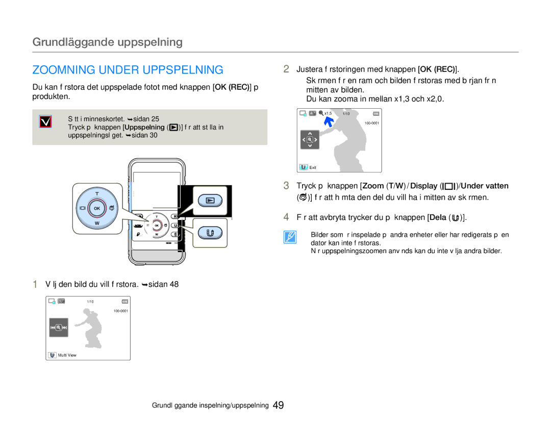 Samsung HMX-W300YP/EDC, HMX-W350YP/EDC manual Zoomning Under Uppspelning, Välj den bild du vill förstora. ¬sidan 