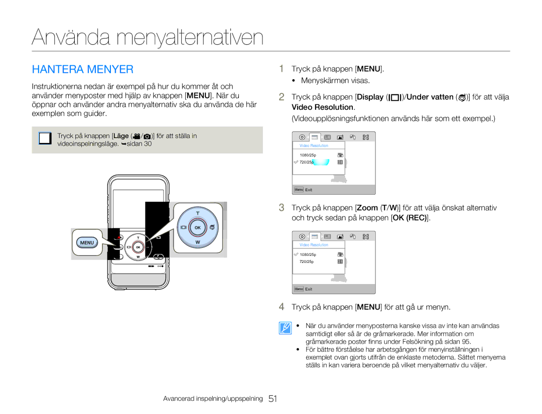 Samsung HMX-W300YP/EDC, HMX-W350YP/EDC manual Använda menyalternativen, Hantera Menyer 