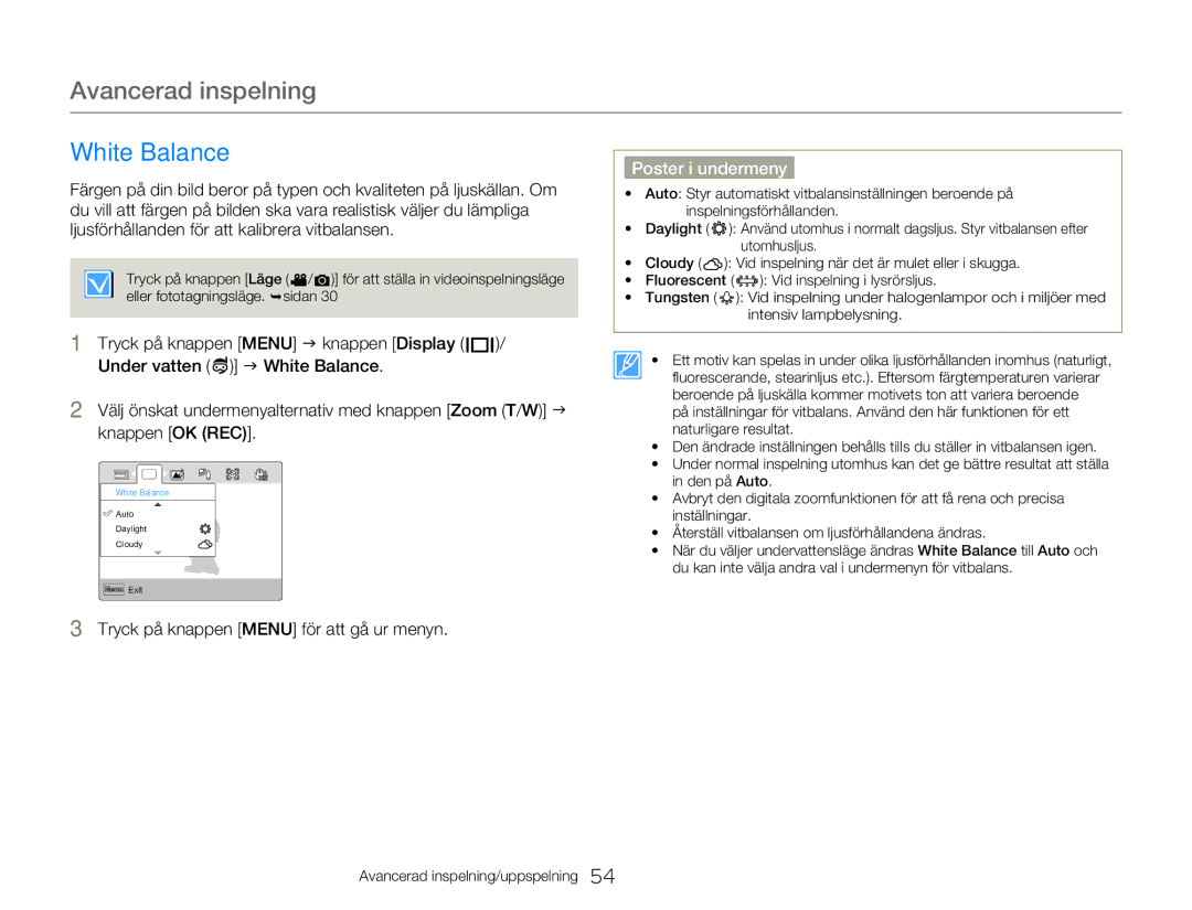 Samsung HMX-W350YP/EDC, HMX-W300YP/EDC manual Avancerad inspelning, White Balance 