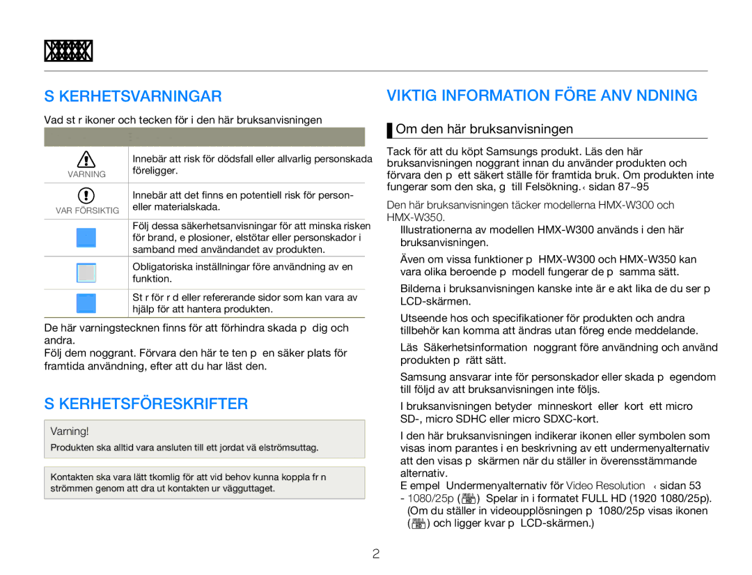 Samsung HMX-W350YP/EDC, HMX-W300YP/EDC Innan du läser den här bruksanvisningen, Säkerhetsvarningar, Säkerhetsföreskrifter 