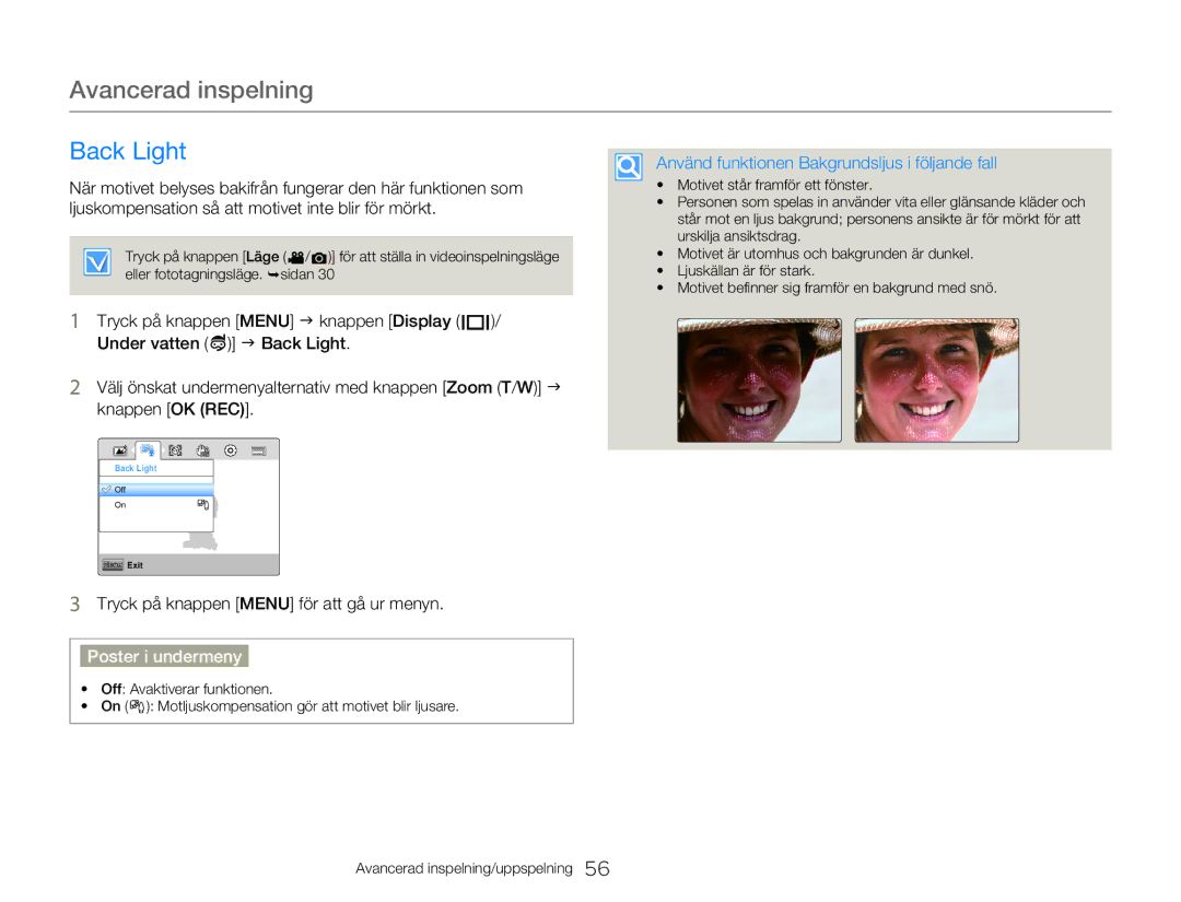 Samsung HMX-W350YP/EDC, HMX-W300YP/EDC manual Back Light, Använd funktionen Bakgrundsljus i följande fall 