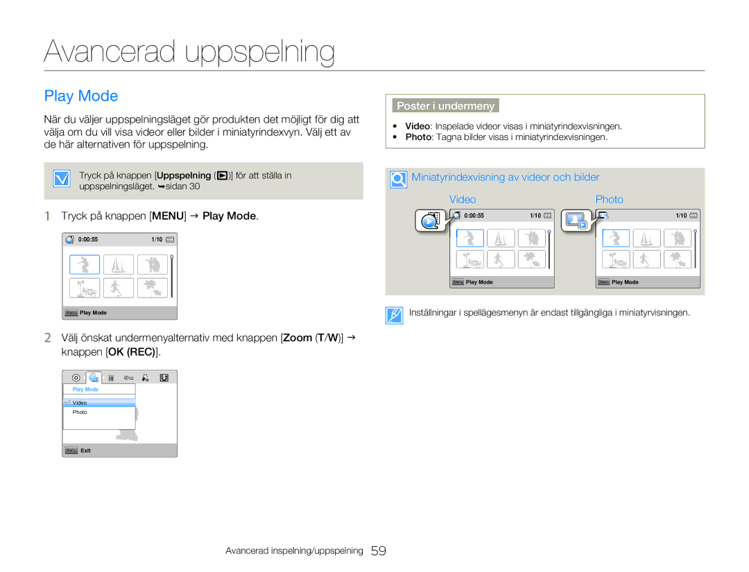 Samsung HMX-W300YP/EDC, HMX-W350YP/EDC manual Avancerad uppspelning, Tryck på knappen Menu J Play Mode 