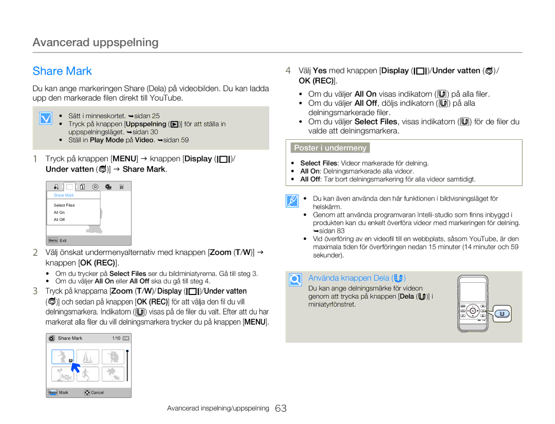 Samsung HMX-W300YP/EDC, HMX-W350YP/EDC manual Share Mark, Använda knappen Dela 