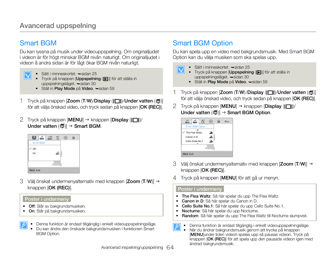 Samsung HMX-W350YP/EDC, HMX-W300YP/EDC Smart BGM Smart BGM Option, Välj önskat undermenyalternativ med knappen Zoom T/W J 