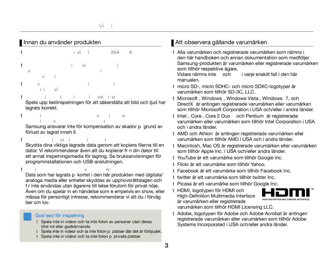 Samsung HMX-W300YP/EDC manual Innan du läser den här bruksanvisningen, Innan du använder produkten, God sed för inspelning 