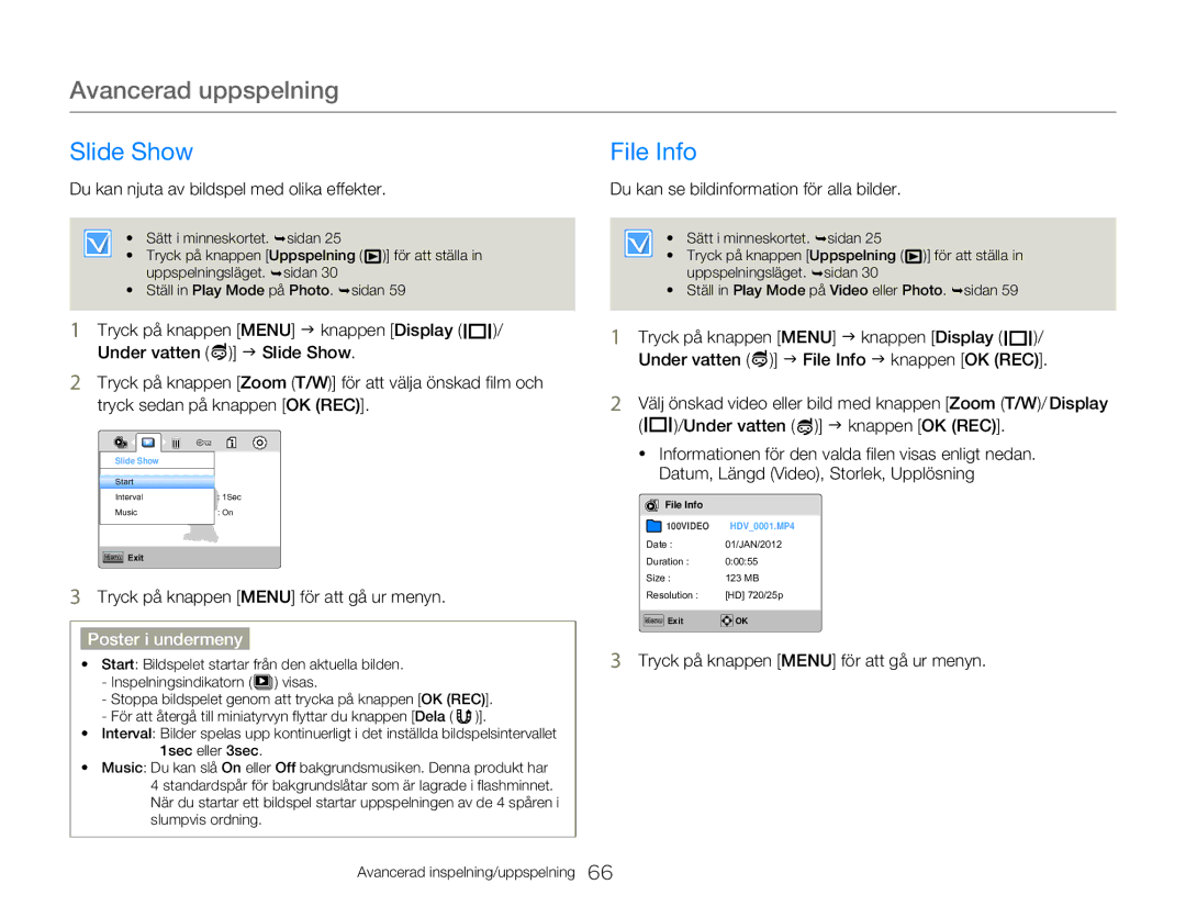 Samsung HMX-W350YP/EDC, HMX-W300YP/EDC manual Slide Show File Info, Du kan njuta av bildspel med olika effekter 