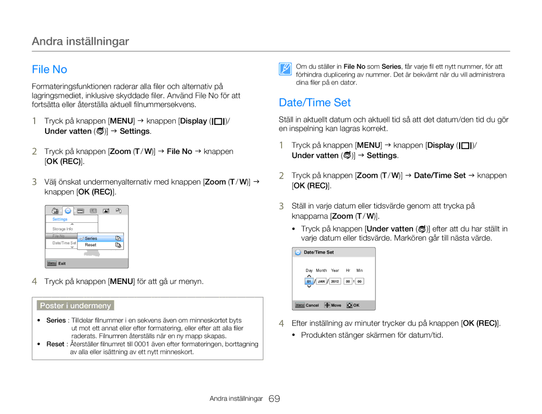 Samsung HMX-W300YP/EDC, HMX-W350YP/EDC manual Andra inställningar, File No, Date/Time Set 