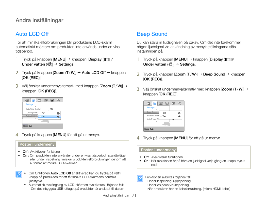 Samsung HMX-W300YP/EDC, HMX-W350YP/EDC manual Auto LCD Off, Beep Sound 